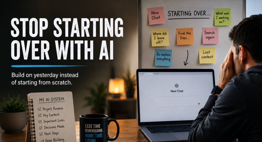 A workspace showing an AI conversation alongside organized project notes, illustrating how preserving context helps you stop starting over with AI.