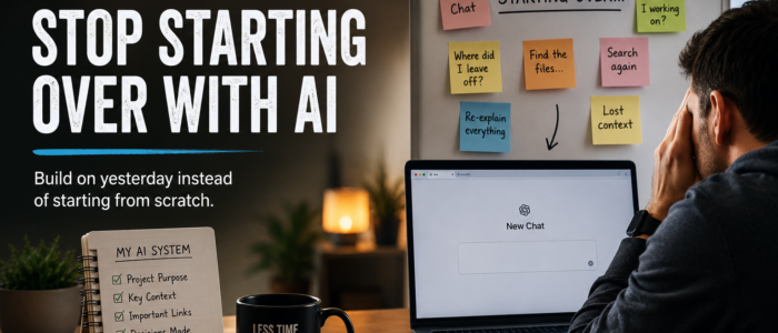 A workspace showing an AI conversation alongside organized project notes, illustrating how preserving context helps you stop starting over with AI.