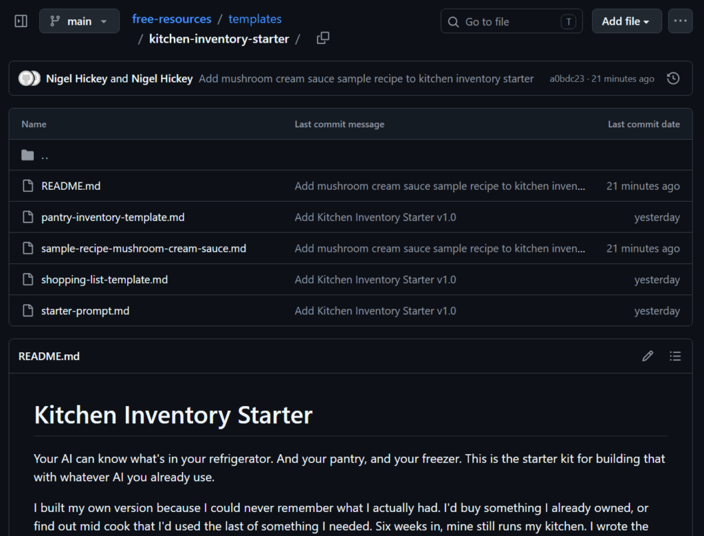 Screenshot of the Kitchen Inventory Starter folder in the free-resources GitHub repo, showing the README, the starter files, and the sample recipe