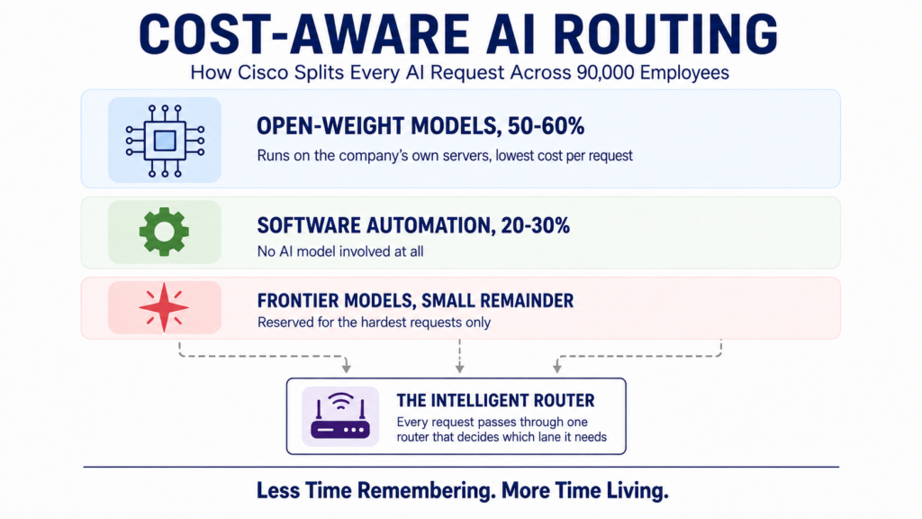 Infographic titled Cost-Aware AI Routing showing how Cisco splits AI requests across 90,000 employees: 50 to 60 percent to open-weight models running on Cisco's own servers, 20 to 30 percent to software automation with no AI model involved, and a small remainder to frontier models, all coordinated through an intelligent router.